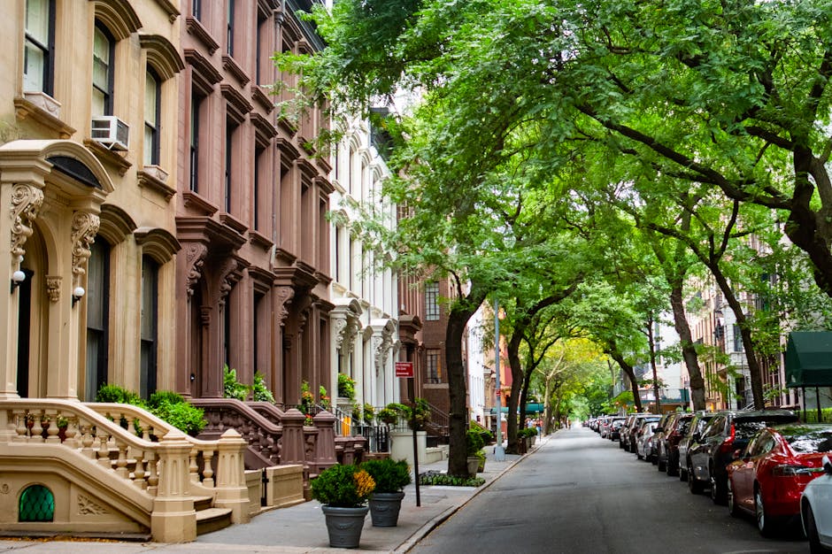 A picturesque view of a tree-lined brownstone street in Brooklyn, New York.