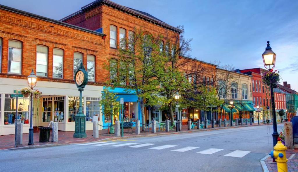 Bath Maine main street downtown twilight dusk store street view